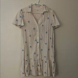 Cream Button-Front linen Dress with Blue Star Embroidery
